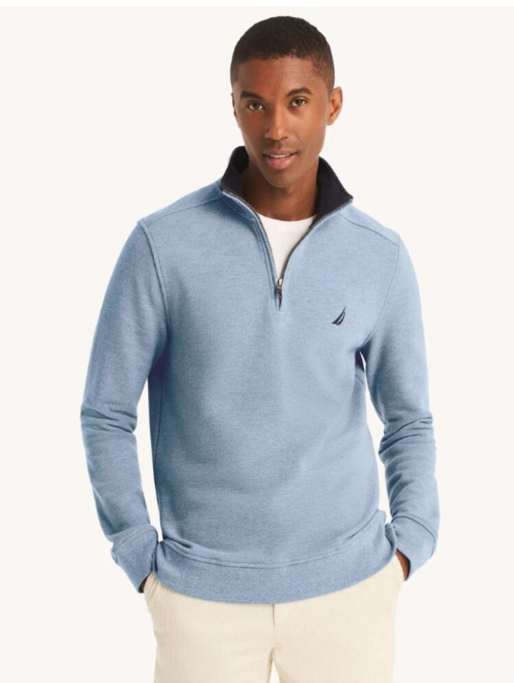 Nautica Men’s Heather Light Blue Half-Zip Sweater with Navy Accents Size Medium